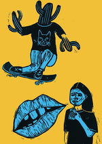 Yellow and blue linocut print with skateboard and lips