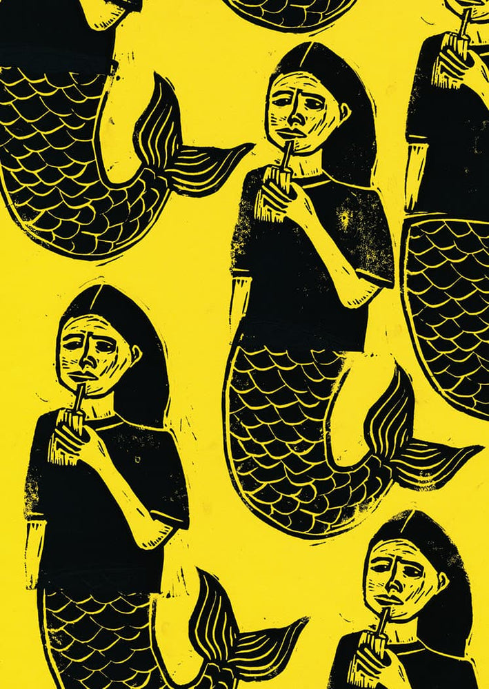 Yellow and black linocut poster print of a mermaid