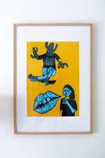 Large, yellow linocut poster print of a cactus skateboarding over large lips and a girl
