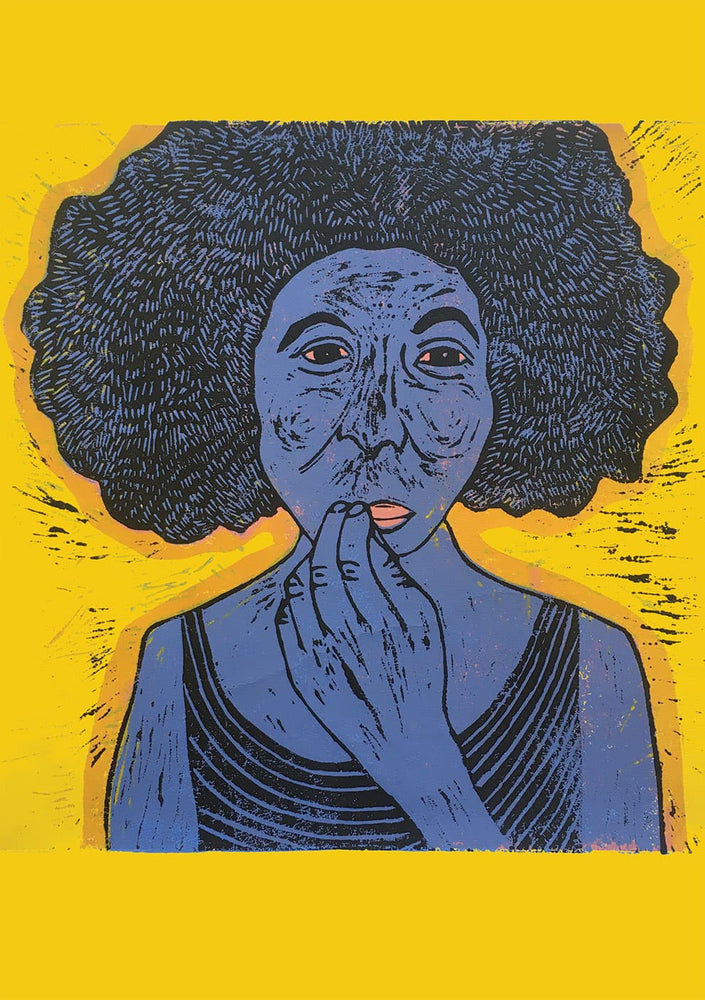 Yellow and blue linocut print of a woman's portrait